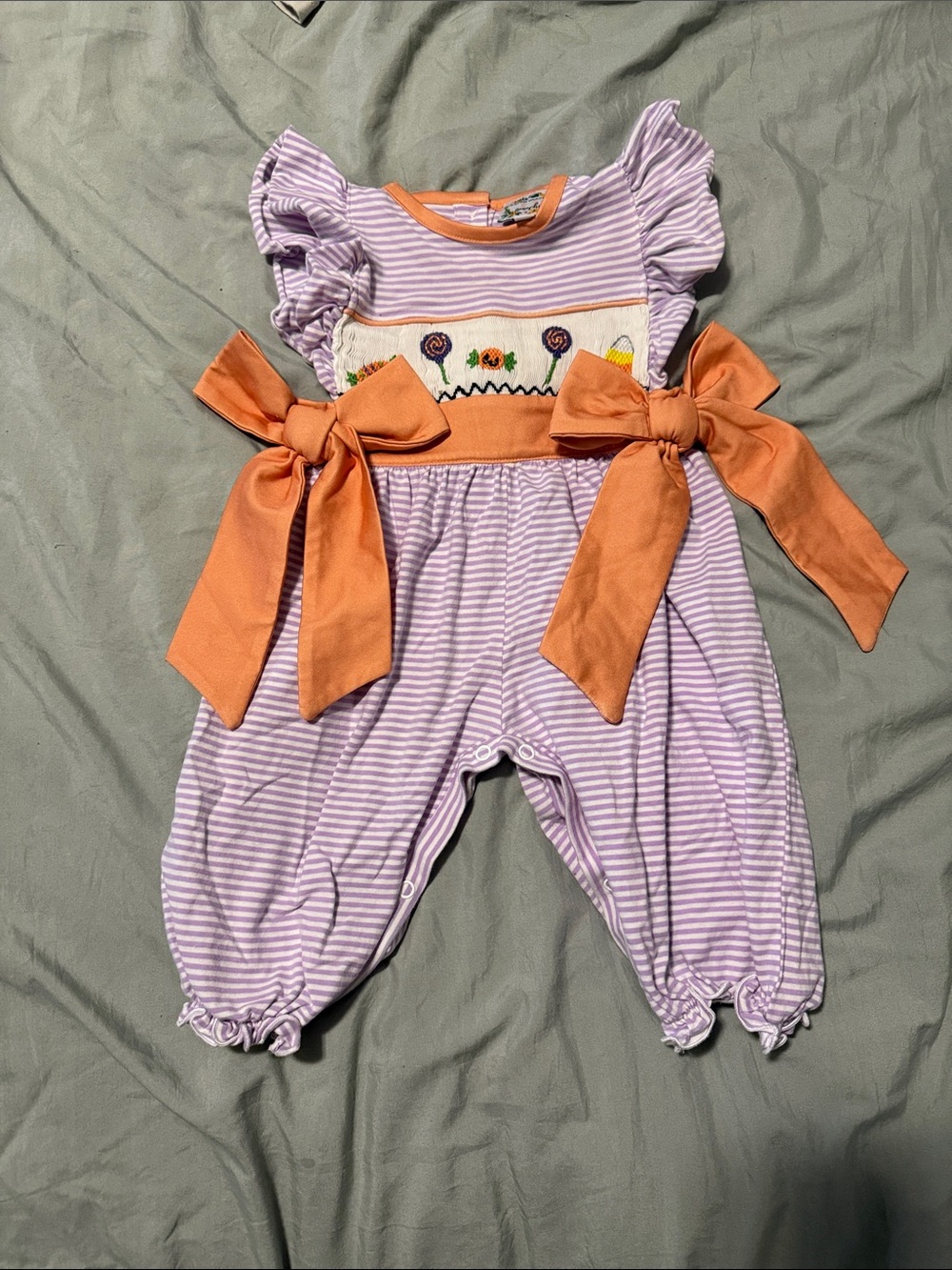 Kids Lavender Striped One-Piece Bodysuit with Orange Bow Accents